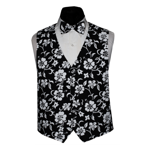 Black and White Hawaiian Hibiscus Floral Tuxedo Vest and Tie Set